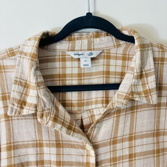 Old Navy The Classic Shirt 3X plaid flannel button up golden brown & cream - Picture 2 of 10